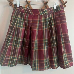 Plaid mini skirt pleated maroon and yellows and blue super cute L academia